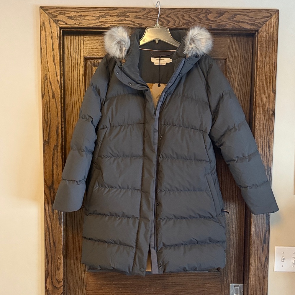 Prana Kromata Long Jacket in Black Olive: Ski & Snow Jacket with Faux Fur Trim